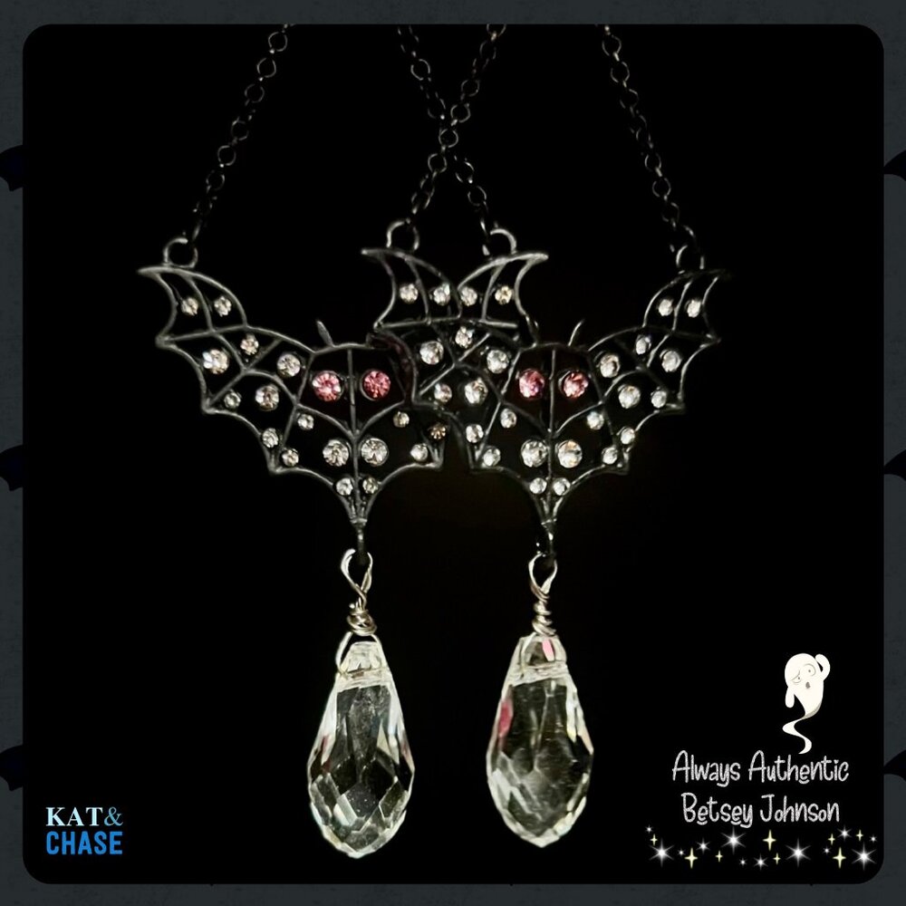 Betsey Johnson Bat Drop Earrings Crystal Dangling Lever Back Black Halloween - Picture 3 of 8